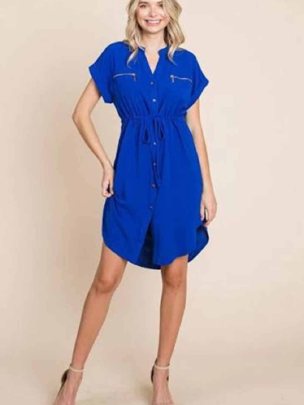 DKNY Royal Blue Zip Front Utility Shirt Dress with Tie Waist - Size 6